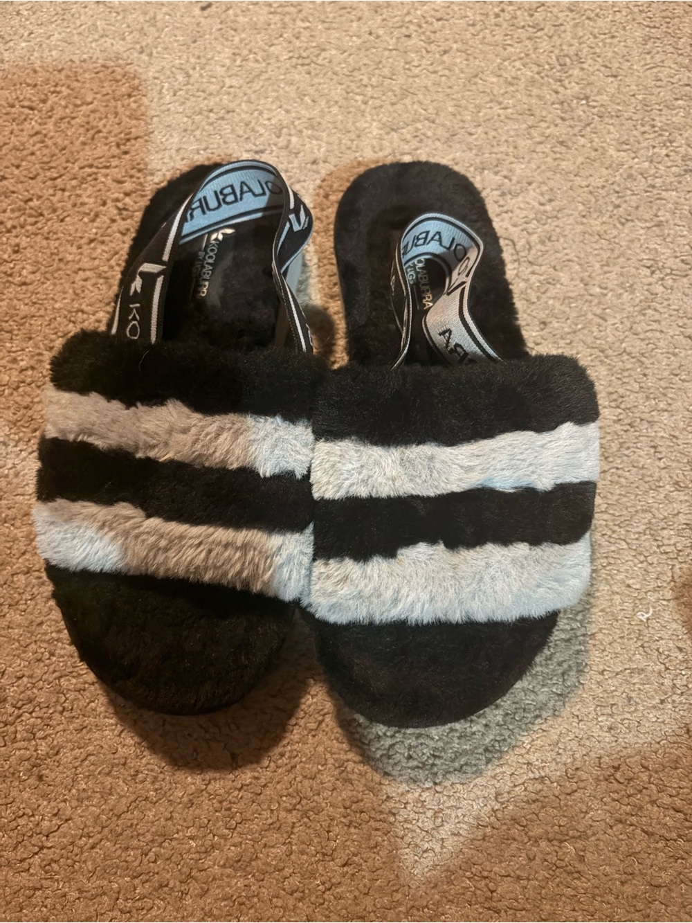 Black & White Fuzzy Slide Sandals - Cozy Striped Plush
